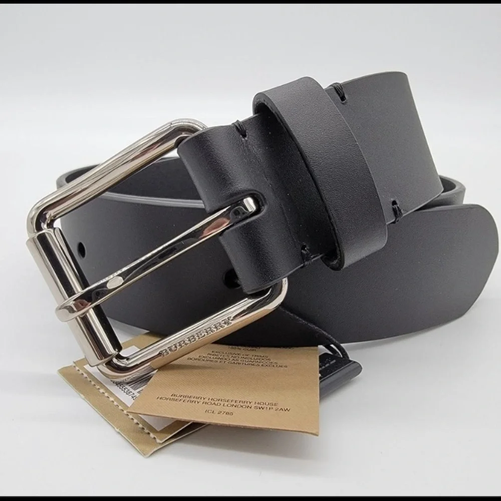 Burberry Black Leather Belt with Silver Buckle